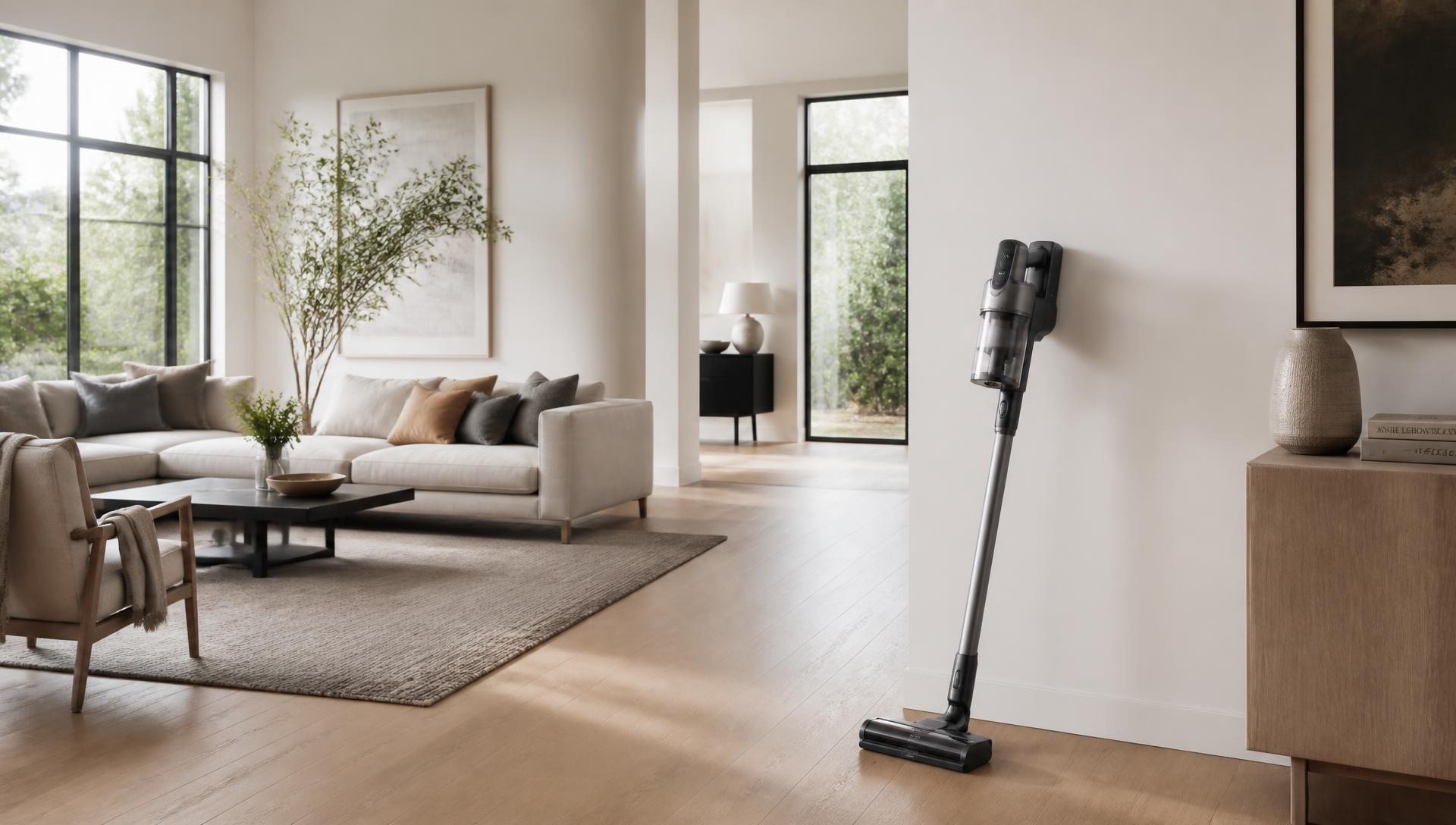 Salon lumineux avec un aspirateur sans fil posé contre le mur